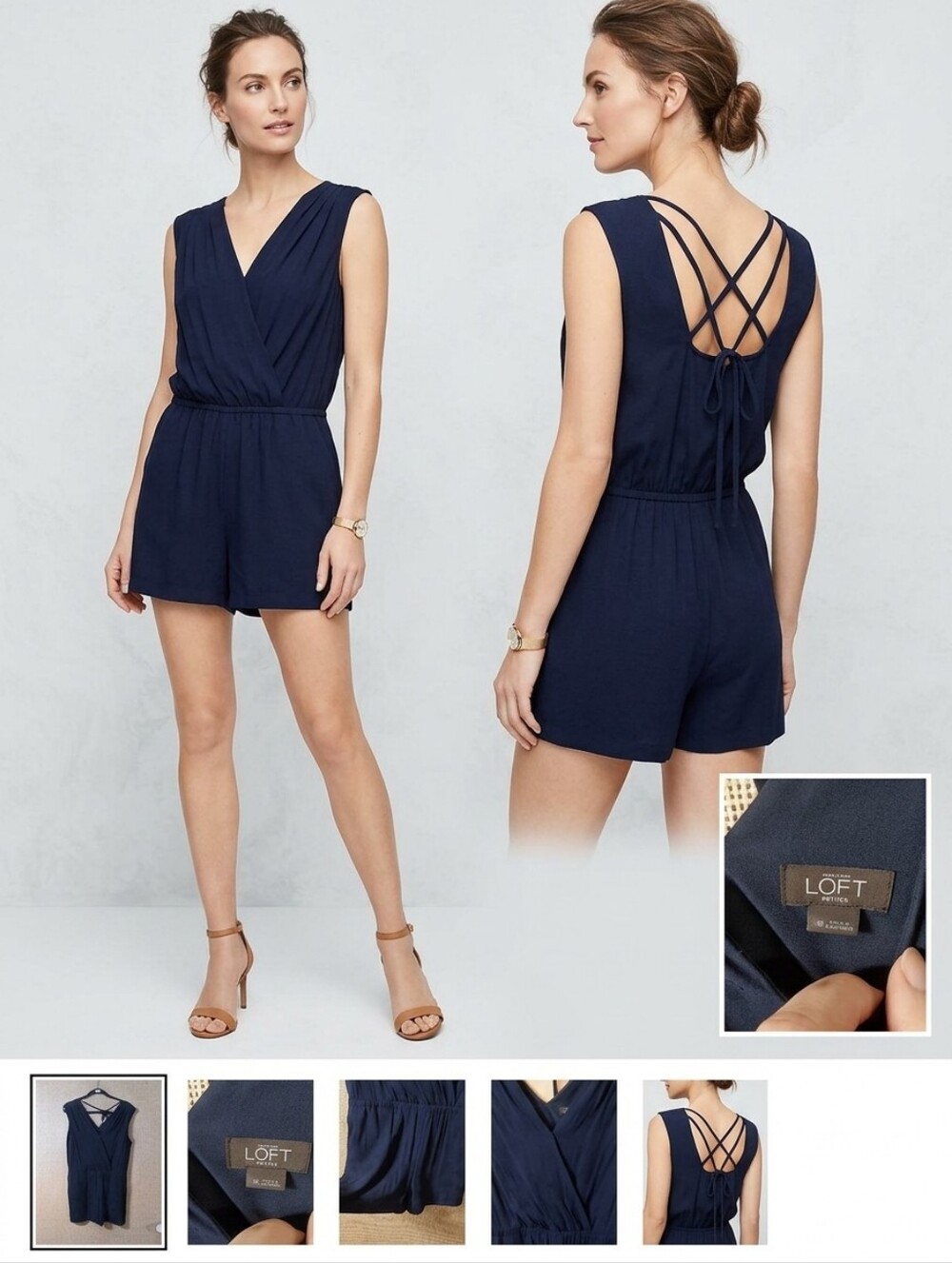 LOFT Black Sleeveless V-Neck Romper with Tie Back